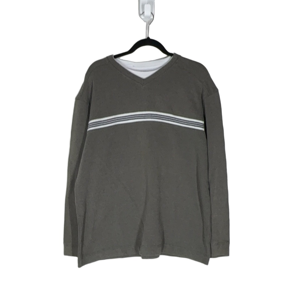 Method KMM4-81201KL Men's XL Gray Striped V-Neck Long Sleeve Shirt Grunge